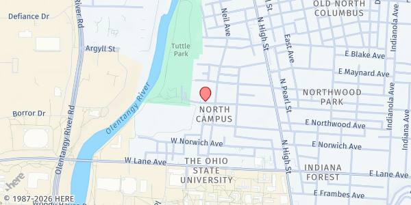 Map showing Tuttle Community Center at 240 West Oakland Avenue, North Campus, OH