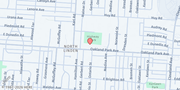 Map showing God's Hygiene at 1402 Oakland Park Avenue, North Linden, OH