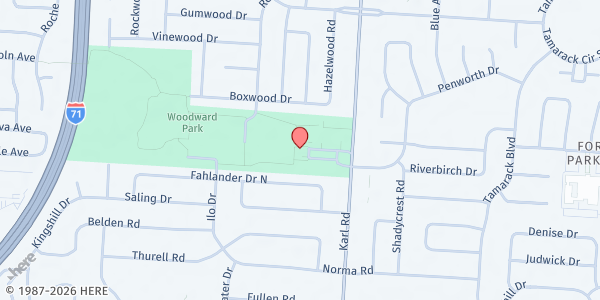 Map showing Woodward Park Community Center at 5147 Karl Road, Northland, OH
