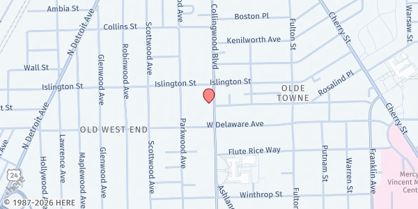 Map showing Our Lady, Queen of the Most Holy Rosary Cathedral at 2536 Parkwood Boulevard, Old West End, OH