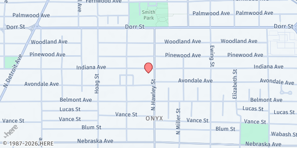 Map showing Frederick Douglass Community Center at 1001 Indiana Avenue, Onyx, OH