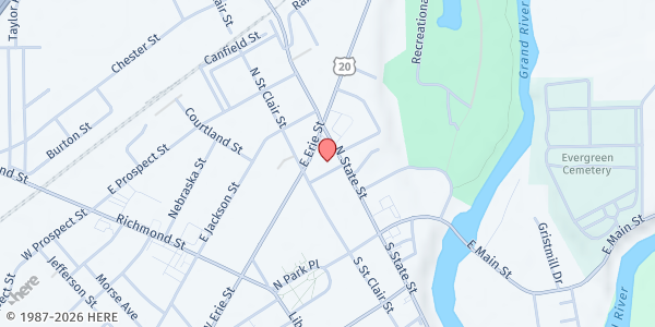 Map showing St. James Lunch Program at 131 N State St, Painesville, OH