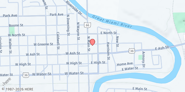Map showing Stonebridge Community Church at 105 Green Street, Piqua, OH