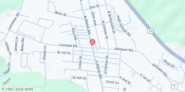 Map showing The Plains UMC - Helping Hands Food Pantry at 3 N. Plains Rd., The Plains, OH