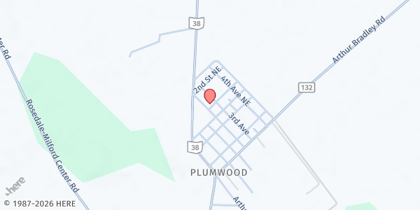Map showing Green Meadows Baptist Church at 5103 Main St NE, Plumwood, OH