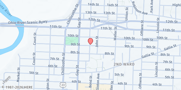 Map showing Salvation Army: Portsmouth at 1001 9th Street, Portsmouth, OH