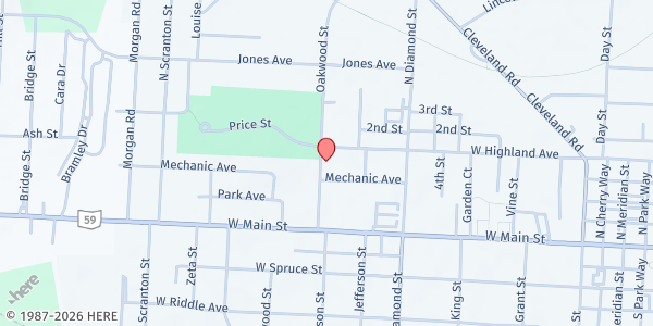 Map showing Allen Chapel AME Church at 150 Oakwood St., Ravenna, OH