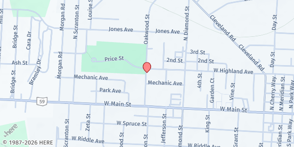 Map showing Gloria's Welcoming Hands Inc - Pantry at 150 Oakwood St, Ravenna, OH