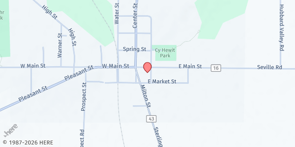 Map showing First Baptist Church at 22 E. Main St., Seville, OH