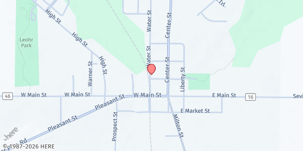 Map showing Seville Community Food Pantry at Seville UMC at 74 W Main St, Seville, OH