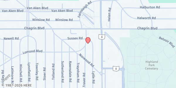 Map showing Shaker Heights Community Hunger Center at 20120 Lomond Blvd, Shaker Heights, OH