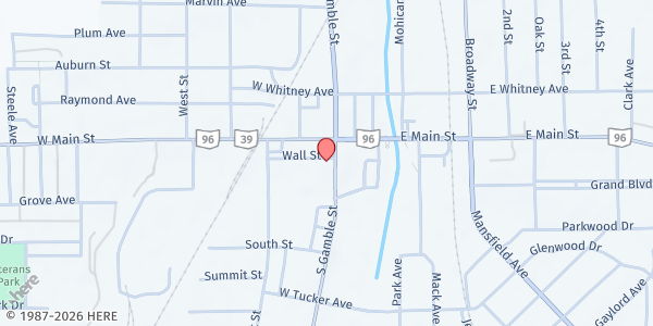 Map showing Christian Outreach Free Meal at 18 South Gamble Street, Shelby, OH