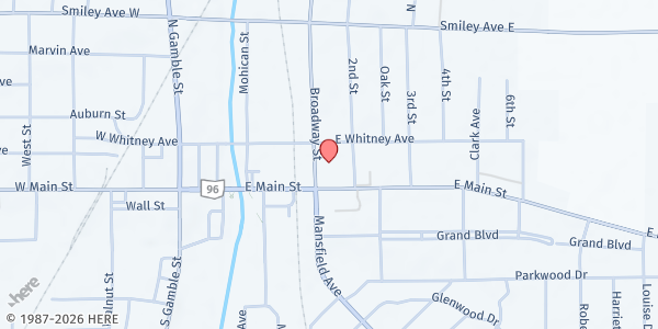 Map showing First Lutheran Church at 33 Broadway St., Shelby, OH