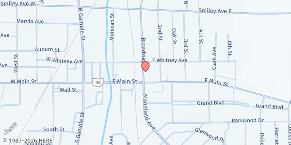 Map showing First Lutheran Church at 33 Broadway St, Shelby, OH