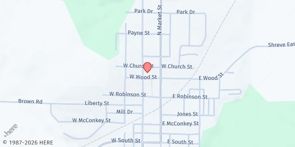 Map showing Shreve Community Church at 430 North Main Street, Shreve, OH