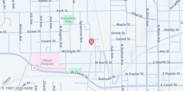 Map showing House of Prayer Food Pantry at 319 Linden Ave., Sidney, OH