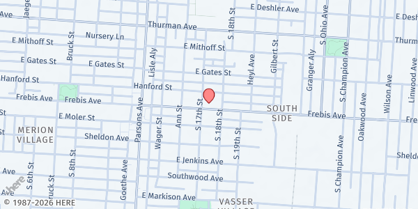 Map showing Community For Change - Main Location at 600 Frebis Avenue, South Columbus, OH
