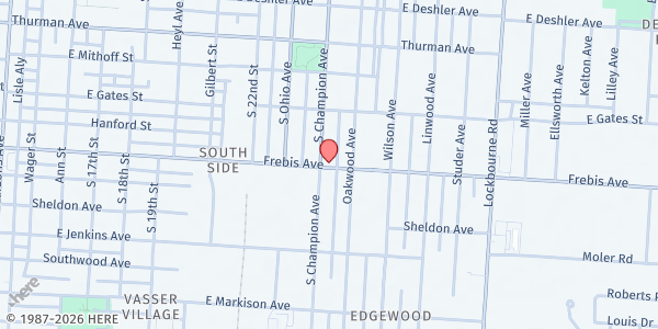 Map showing Lutheran Social Services South Side Food Pantry at 1460 South Champion Avenue, South Columbus, OH