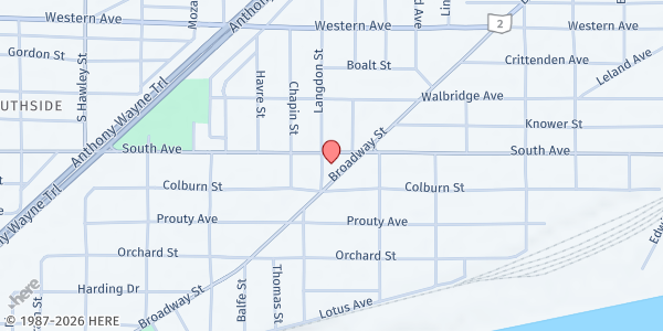 Map showing Vision Ministries Assembly of God - Broadway Street at 1630 Broadway Street, Southside, OH