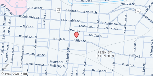 Map showing Central Community Center at 230 E High Street, Springfield, OH