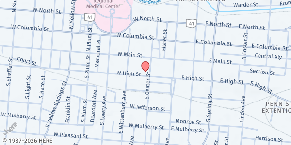Map showing Central Community Kitchen at 102 W High St, Springfield, OH