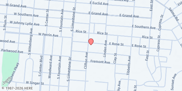 Map showing Clifton Ave Church of God at 1408 Clifton Ave, Springfield, OH