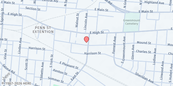 Map showing McKinley Hall 255 at 255 East St, Springfield, OH