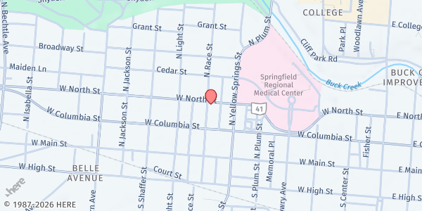 Map showing New Birth Mission at 539 W. North Street, Springfield, OH