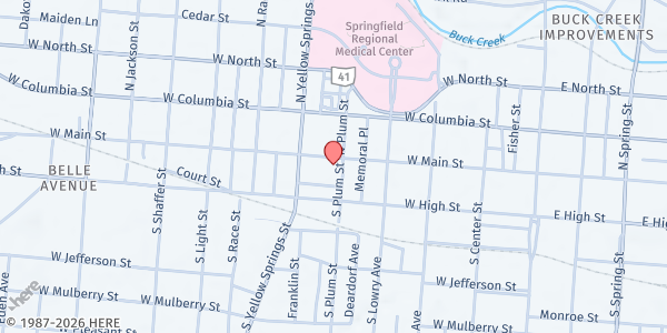 Map showing Salvation Army - Springfield at 15 S Plum St., Springfield, OH