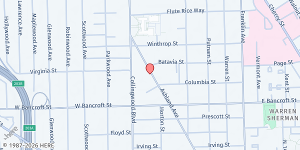 Map showing Beach House Family Shelter at 2283 Ashland Ave., Toledo, OH