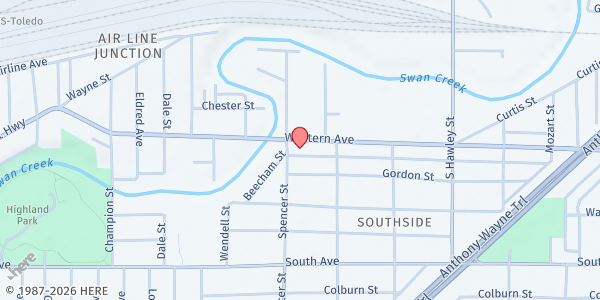 Map showing CANAAN MANIFESTED WORD CHURCH-OUTREACH CENTER at 1333 Western Ave, Toledo, OH