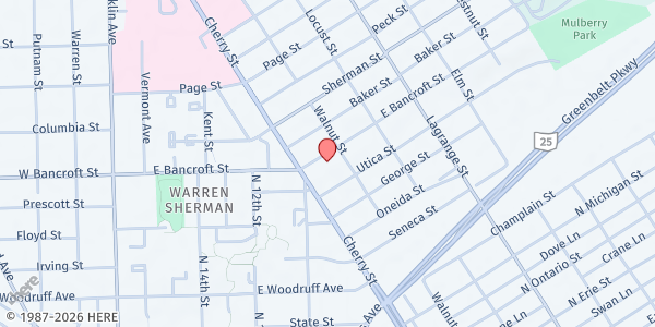 Map showing Islamic Center of Greater Toledo At Toledo Masjid Al-Islam - Mobile Pantry Stop at 722 East Bancroft Street, Toledo, OH