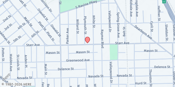 Map showing Memorial U.C.C. The Manna Food Pantry at 1301 Starr Ave., Toledo, OH