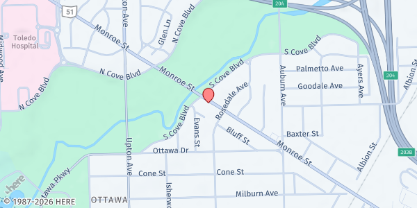 Map showing Monroe Street Neighborhood Center at 3613 Monroe Street, Toledo, OH