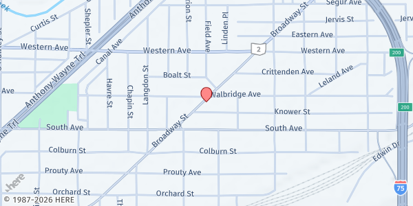 Map showing Nuestra Gente Community Projects - Main Location at 1411 Broadway St., Toledo, OH