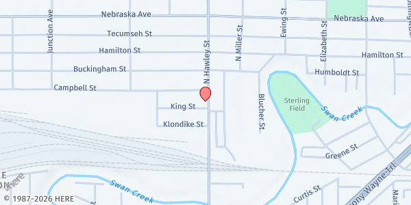 Map showing Pentecostal Church of God of Toledo at 143 N. Hawley Street, Toledo, OH