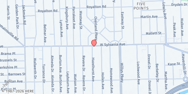 Map showing Pilgrim Church at 1375 Sylvania Avenue, Toledo, OH