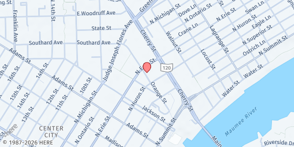 Map showing Salvation Army Toledo-Flourishing Wellspring at 620 N. Erie St., TOLEDO, OH