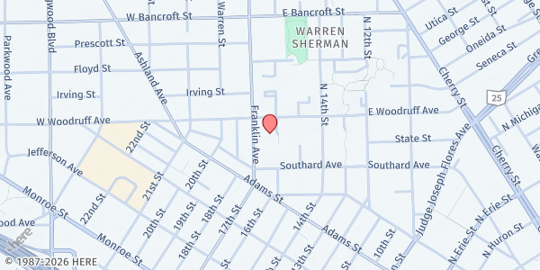 Map showing Toledo Northwestern Ohio Food Bank at 24 E Woodruff Ave, Toledo, OH