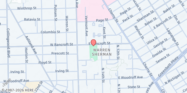 Map showing WAYMAN PALMER-YMCA TOLEDO FOOD PANTRY at 200 E Bancroft St, Toledo, OH