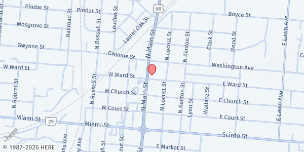 Map showing First Baptist Church at 401 N Main St, Urbana, OH