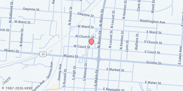 Map showing First Presbyterian Church at 116 W Court St, Urbana, OH