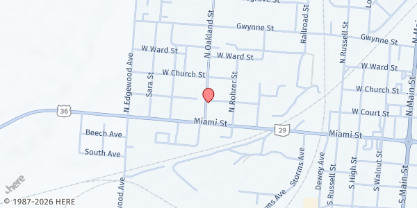 Map showing Seeds of Love Food Pantry at 129 N. Oakland St., Urbana, OH