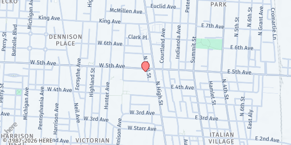 Map showing New Life United Methodist Church at 25 West 5th Avenue, Victorian Village, OH