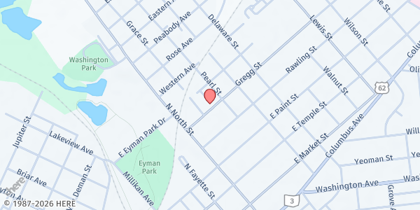 Map showing Gregg Street Worship Center Pantry at 424 Gregg Street, Washington Court House, OH