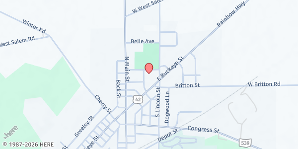 Map showing New Beginnings Crossroads Fellowship Church at 99 E. Buckeye St., West Salem, OH