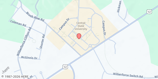 Map showing Central State University at 1400 Brush Row Road, Wilberforce, OH