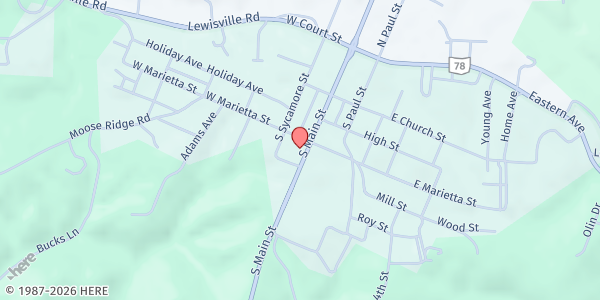 Map showing Woodsfield Manna - SOMA at 303 South Main Street, Woodsfield, OH