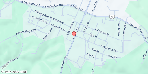 Map showing Woodsfield Manna SOMA - Food Distribution Center at 303 S Main St, Woodsfield, OH