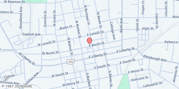Map showing Trinity United Church of Christ at 150 E. North St., Wooster, OH